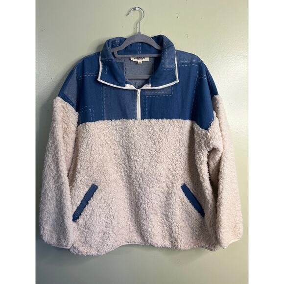 Haptics Good Vibes Denim & Ivory Patchwork Sherpa Half Zip pullover, size large - Picture 2 of 12